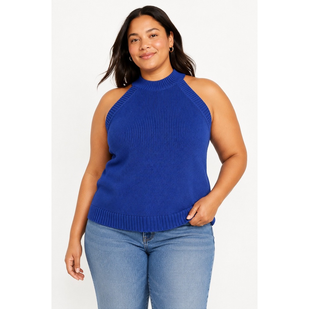 Old Navy Womens 3X Blue Shaker-Stitch Halter Sweater Tank Mock Neck 546457-03-1